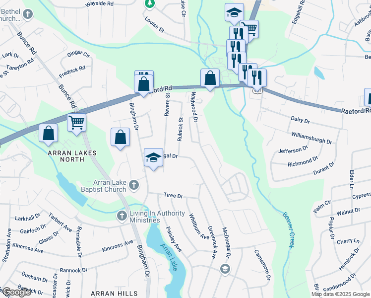 map of restaurants, bars, coffee shops, grocery stores, and more near 1085 Rulnick Street in Fayetteville