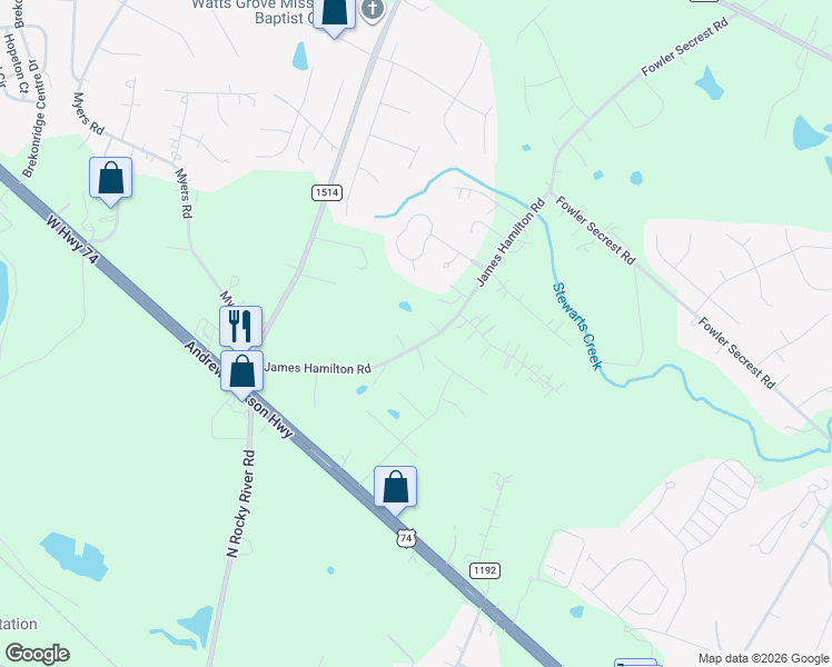 map of restaurants, bars, coffee shops, grocery stores, and more near 2815 James Hamilton Road in Monroe