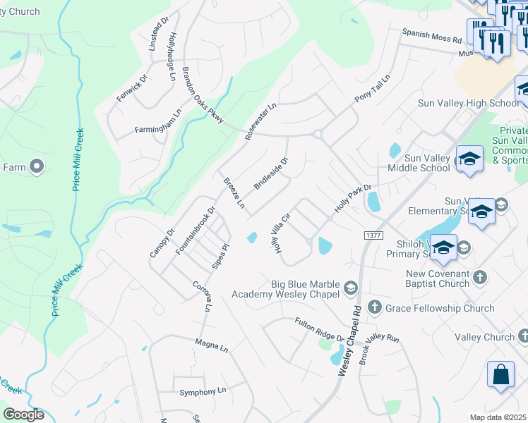 map of restaurants, bars, coffee shops, grocery stores, and more near 1025 Whippoorwill Lane in Indian Trail