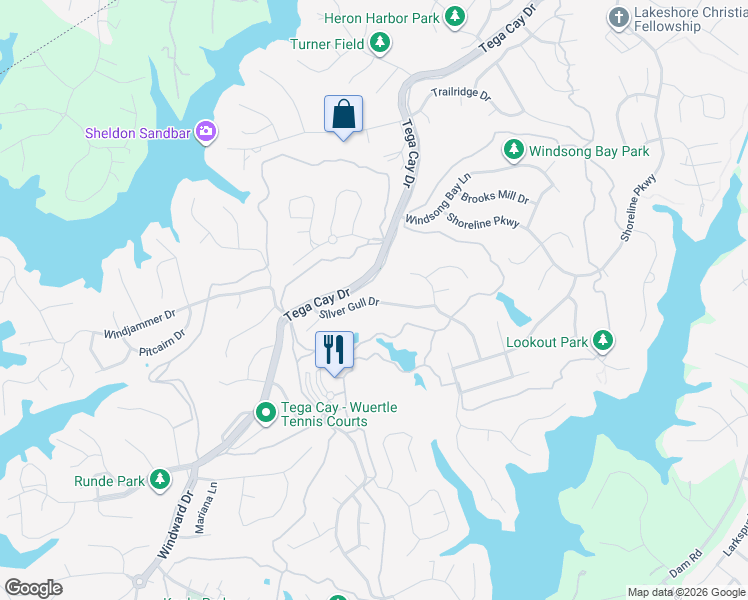 map of restaurants, bars, coffee shops, grocery stores, and more near Silver Gull Drive in Tega Cay