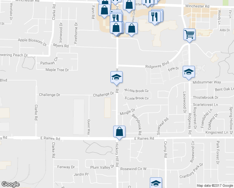 map of restaurants, bars, coffee shops, grocery stores, and more near 3993 Hickory Hill Road in Memphis