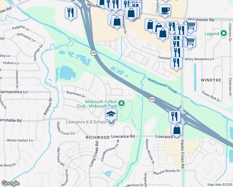 map of restaurants, bars, coffee shops, grocery stores, and more near 7766 Shadowland Drive in Memphis