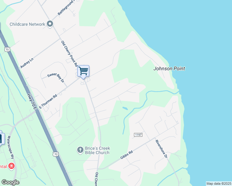 map of restaurants, bars, coffee shops, grocery stores, and more near 300 Juanita Lane in New Bern