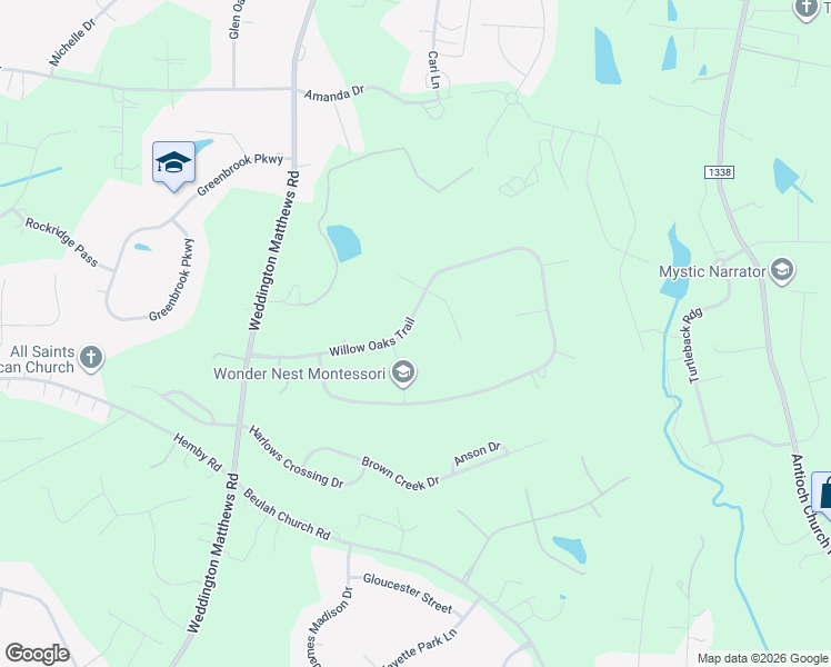 map of restaurants, bars, coffee shops, grocery stores, and more near 1154 Willow Oaks Trail in Matthews