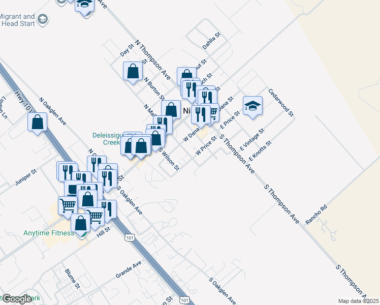 map of restaurants, bars, coffee shops, grocery stores, and more near 185 South Mallagh Street in Nipomo