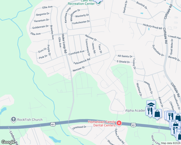 map of restaurants, bars, coffee shops, grocery stores, and more near 5320 Nessee Street in Fayetteville