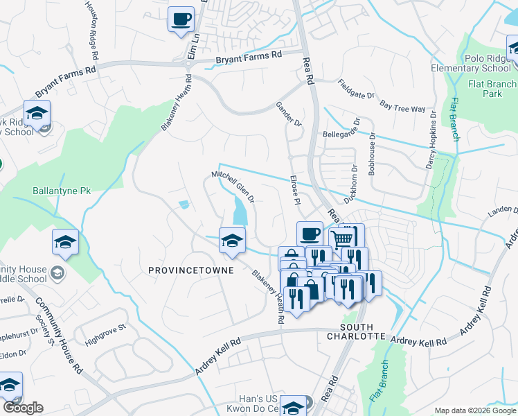 map of restaurants, bars, coffee shops, grocery stores, and more near 11812 Pheasant Lane in Charlotte