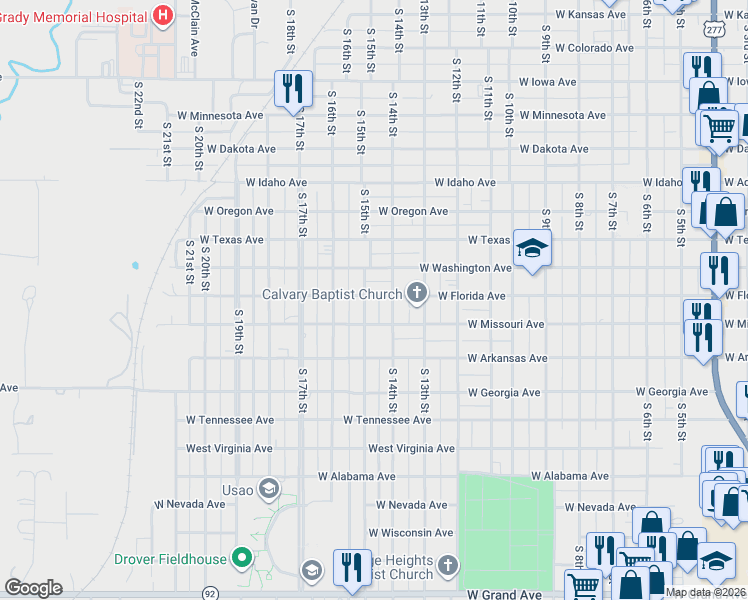 map of restaurants, bars, coffee shops, grocery stores, and more near 1427 West Florida Avenue in Chickasha