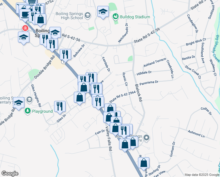 map of restaurants, bars, coffee shops, grocery stores, and more near 536 Townsend Place Drive in Boiling Springs