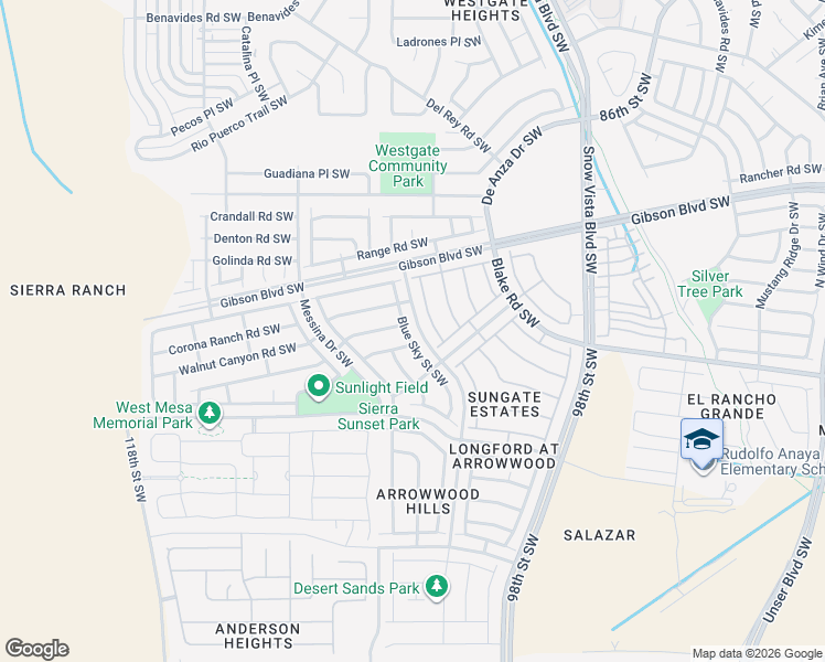 map of restaurants, bars, coffee shops, grocery stores, and more near 10218 Sandy Trail Road Southwest in Albuquerque