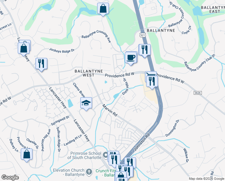 map of restaurants, bars, coffee shops, grocery stores, and more near 15344 Coventry Court Lane in Charlotte