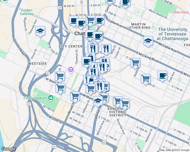 map of restaurants, bars, coffee shops, grocery stores, and more near 1269 Market Street in Chattanooga