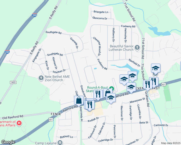 map of restaurants, bars, coffee shops, grocery stores, and more near 1748 Hampton Oaks Drive in Fayetteville