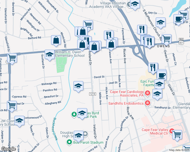map of restaurants, bars, coffee shops, grocery stores, and more near 4218 David Street in Fayetteville