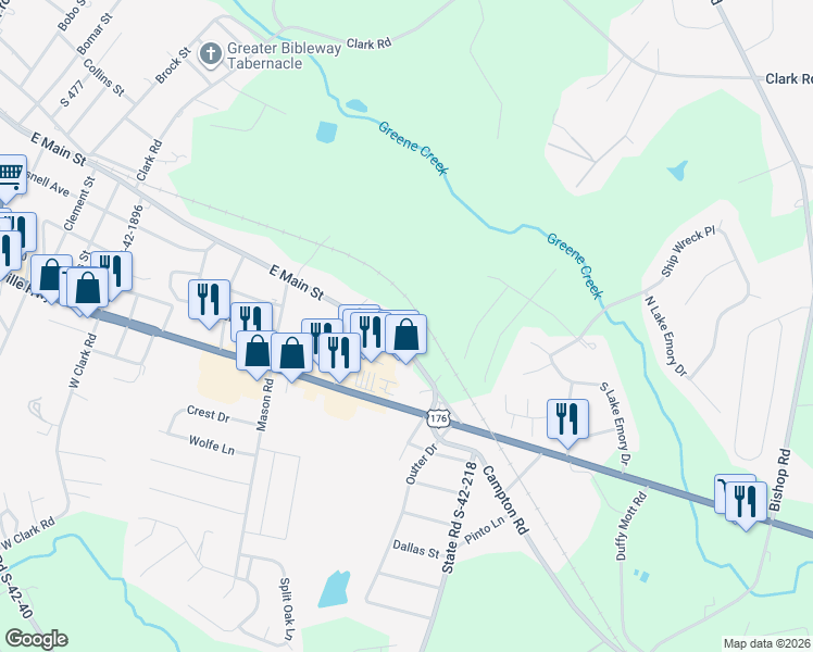 map of restaurants, bars, coffee shops, grocery stores, and more near 131 East Main Street in Inman