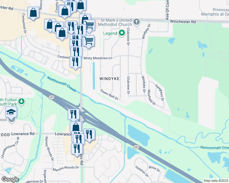 map of restaurants, bars, coffee shops, grocery stores, and more near 3996 Fun Valley Drive in Memphis