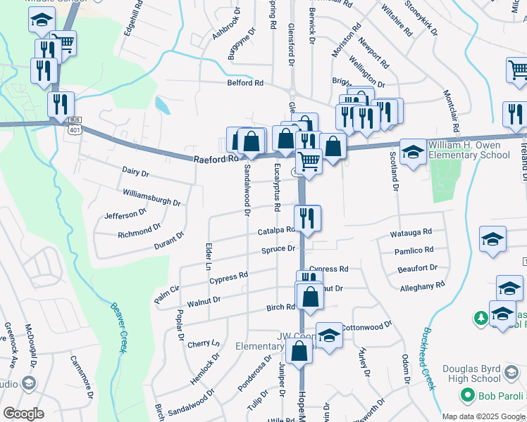 map of restaurants, bars, coffee shops, grocery stores, and more near 5107 Sequoia Road in Fayetteville