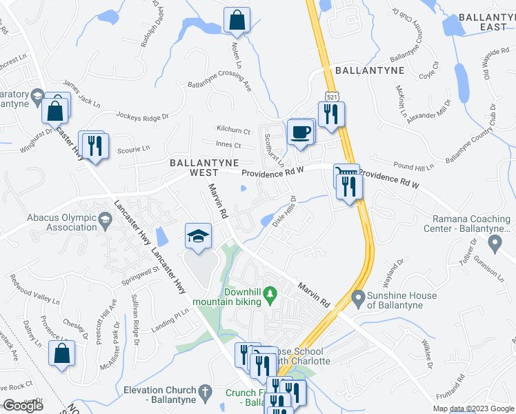 map of restaurants, bars, coffee shops, grocery stores, and more near 15344 Coventry Court Lane in Charlotte