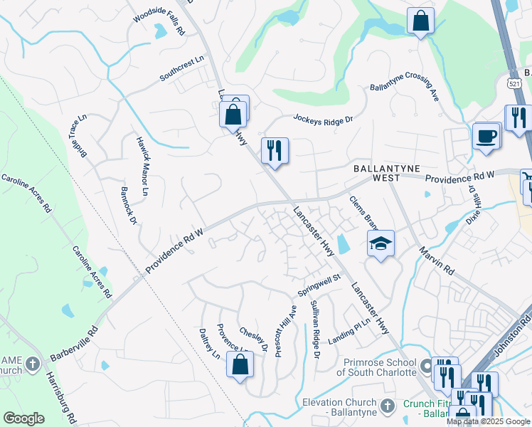 map of restaurants, bars, coffee shops, grocery stores, and more near 11808 Moscato Court in Charlotte
