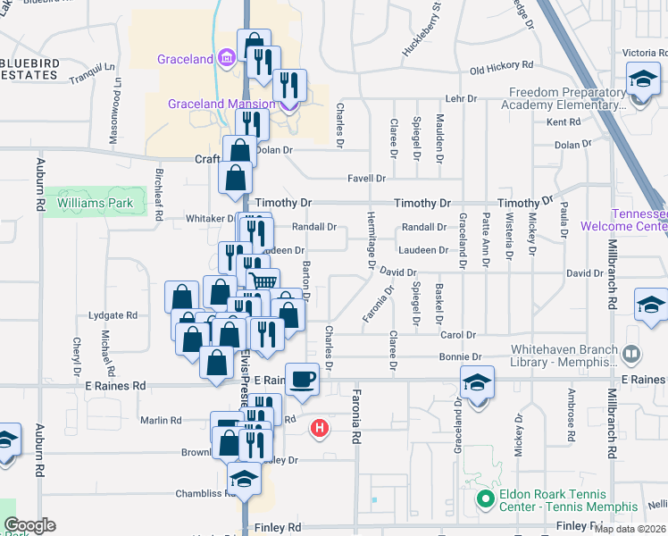 map of restaurants, bars, coffee shops, grocery stores, and more near 1288 David Dr in Memphis