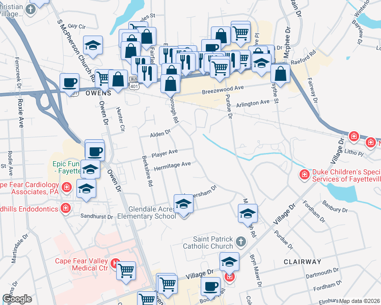 map of restaurants, bars, coffee shops, grocery stores, and more near 1300 Marlborough Road in Fayetteville