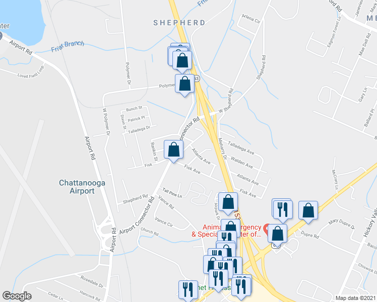 map of restaurants, bars, coffee shops, grocery stores, and more near 1816 Tuskegee Boulevard in Chattanooga
