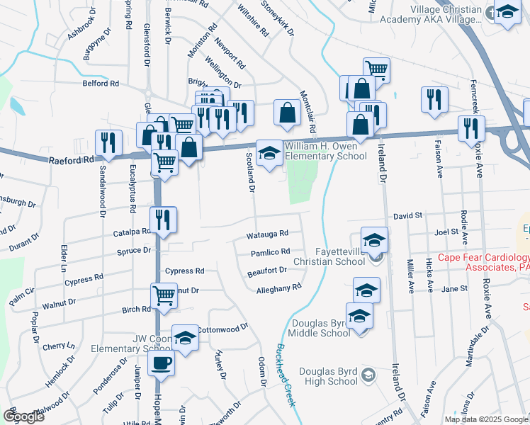 map of restaurants, bars, coffee shops, grocery stores, and more near 4716 Alamance Road in Fayetteville