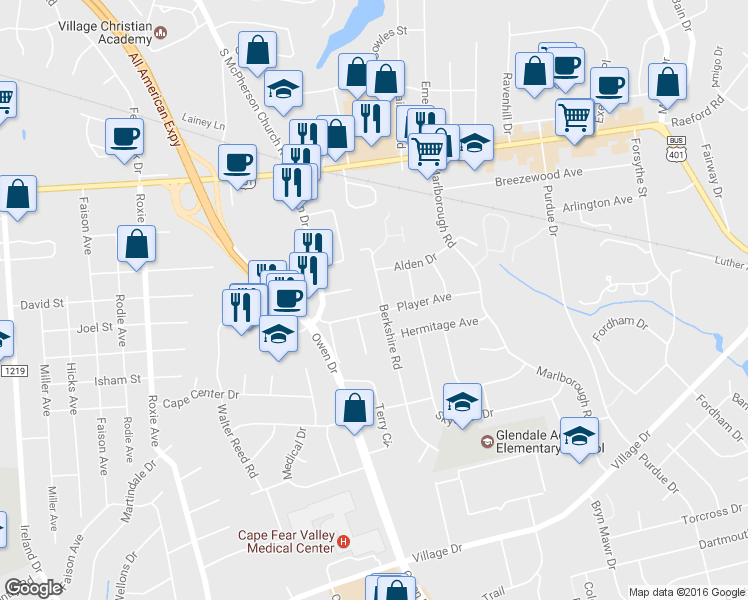 map of restaurants, bars, coffee shops, grocery stores, and more near 1218 Berkshire Road in Fayetteville