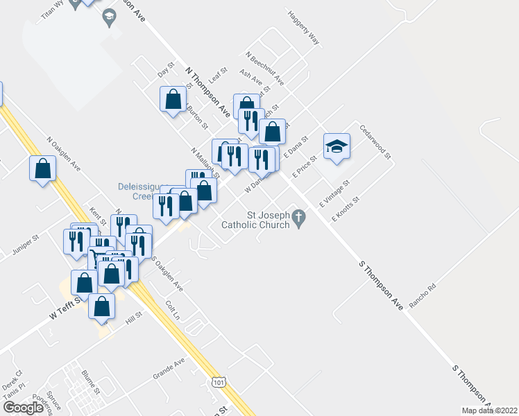map of restaurants, bars, coffee shops, grocery stores, and more near 192 West Price Street in Nipomo