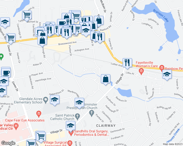 map of restaurants, bars, coffee shops, grocery stores, and more near 833 Falling Creek Lane in Fayetteville