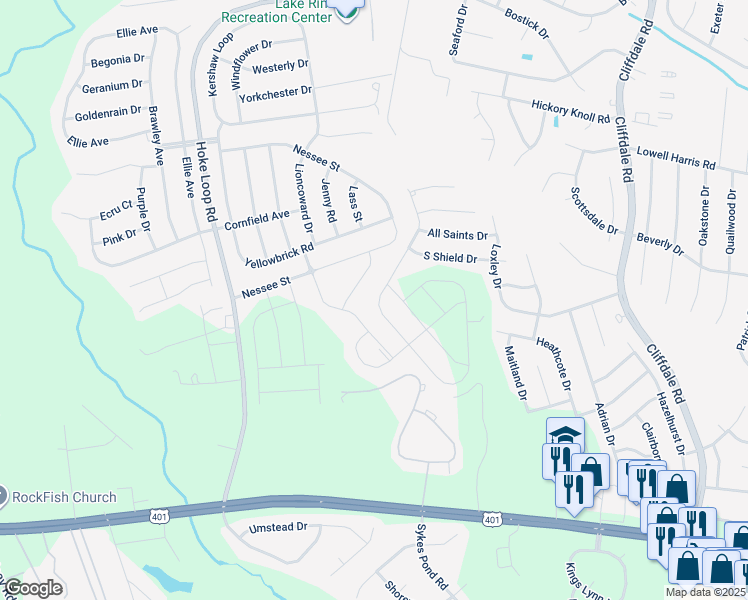 map of restaurants, bars, coffee shops, grocery stores, and more near 1616 Stackhouse Drive in Fayetteville