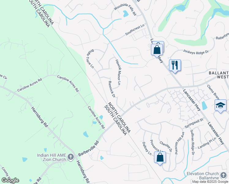 map of restaurants, bars, coffee shops, grocery stores, and more near 12518 Bannock Drive in Charlotte