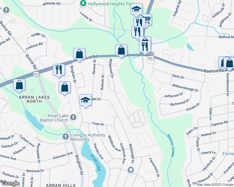 map of restaurants, bars, coffee shops, grocery stores, and more near 1104 Merry Maple Lane in Fayetteville