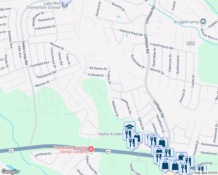 map of restaurants, bars, coffee shops, grocery stores, and more near 7829 Loxley Drive in Fayetteville