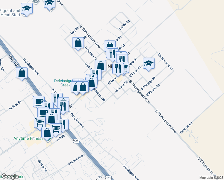 map of restaurants, bars, coffee shops, grocery stores, and more near 175 South Mallagh Street in Nipomo
