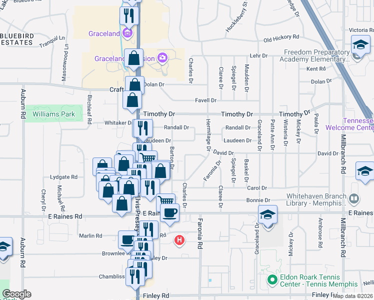 map of restaurants, bars, coffee shops, grocery stores, and more near 1288 David Drive in Memphis