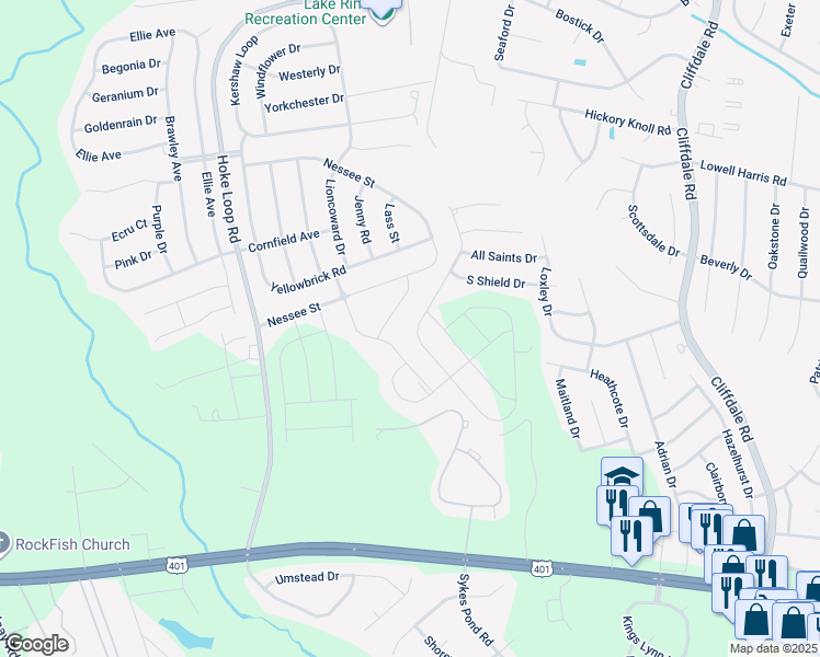 map of restaurants, bars, coffee shops, grocery stores, and more near 1616 Stackhouse Drive in Fayetteville