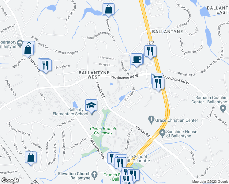 map of restaurants, bars, coffee shops, grocery stores, and more near 15348 Coventry Court Lane in Charlotte
