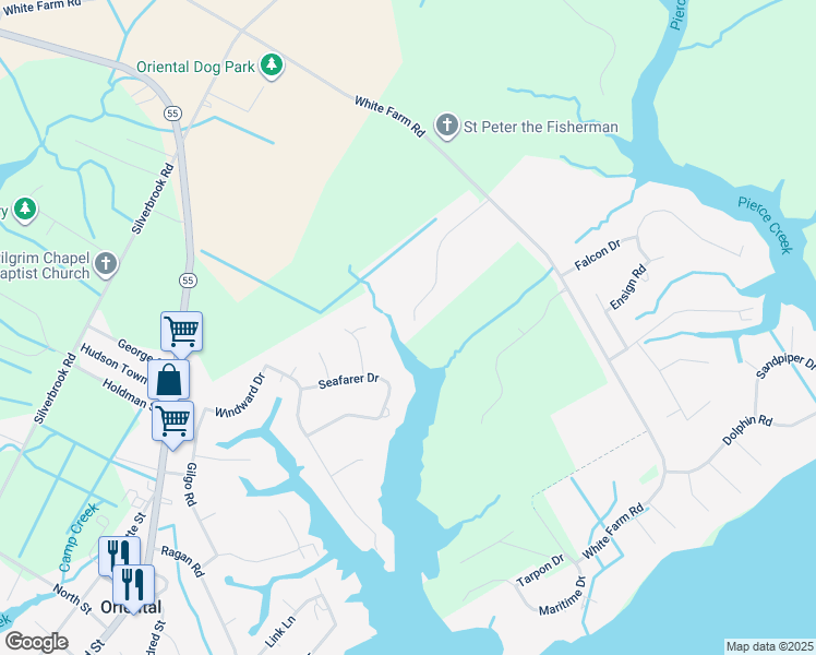 map of restaurants, bars, coffee shops, grocery stores, and more near 124 Sea Horse Landing Road in Oriental