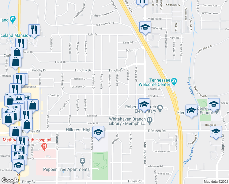 map of restaurants, bars, coffee shops, grocery stores, and more near 3979 Mickey Drive in Memphis