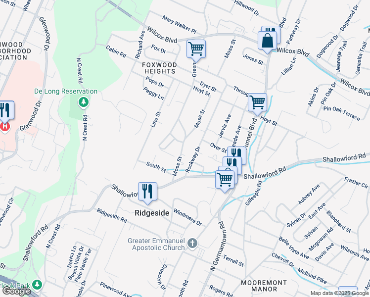 map of restaurants, bars, coffee shops, grocery stores, and more near 822 Moss Street in Chattanooga