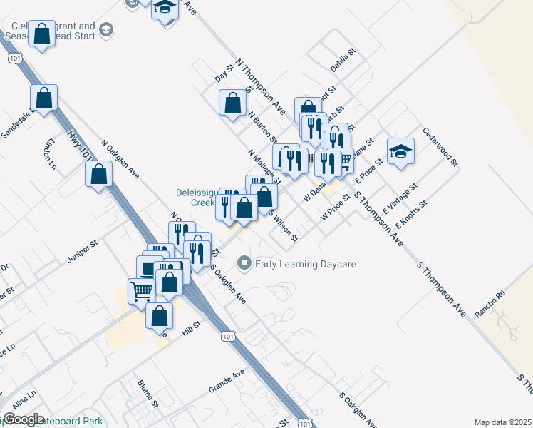 map of restaurants, bars, coffee shops, grocery stores, and more near 267 West Tefft Street in Nipomo