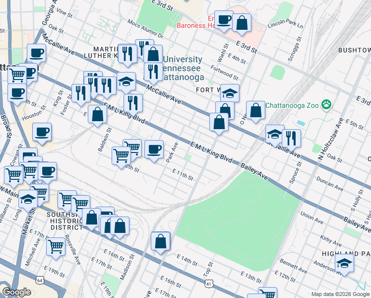 map of restaurants, bars, coffee shops, grocery stores, and more near 911 Fairview Ave in Chattanooga