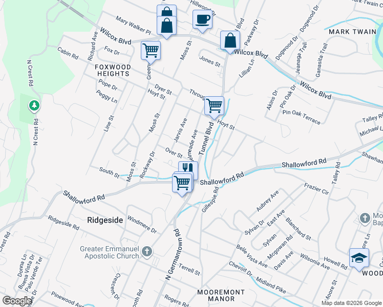 map of restaurants, bars, coffee shops, grocery stores, and more near 906 Belmeade Avenue in Chattanooga