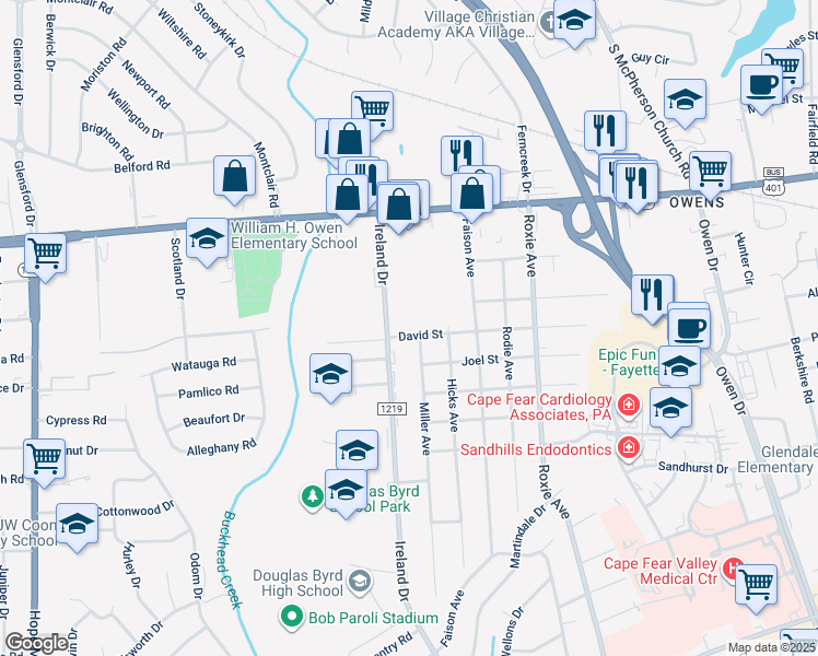 map of restaurants, bars, coffee shops, grocery stores, and more near 4218 David Street in Fayetteville