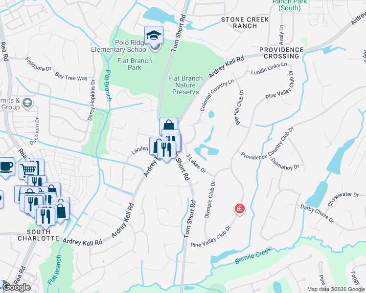 map of restaurants, bars, coffee shops, grocery stores, and more near 12414 3 Lakes Drive in Charlotte