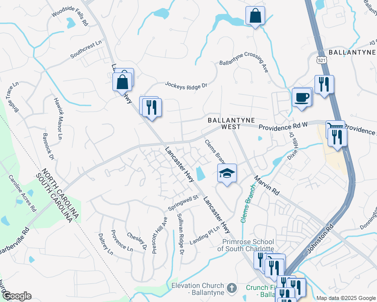 map of restaurants, bars, coffee shops, grocery stores, and more near 15019 Northsprings Drive in Charlotte
