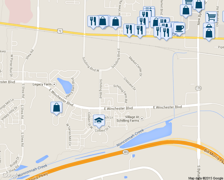 map of restaurants, bars, coffee shops, grocery stores, and more near 160 Madison Farms Lane in Collierville