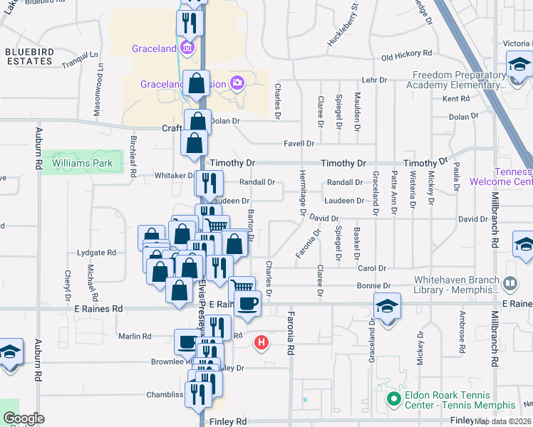 map of restaurants, bars, coffee shops, grocery stores, and more near 1288 David Drive in Memphis