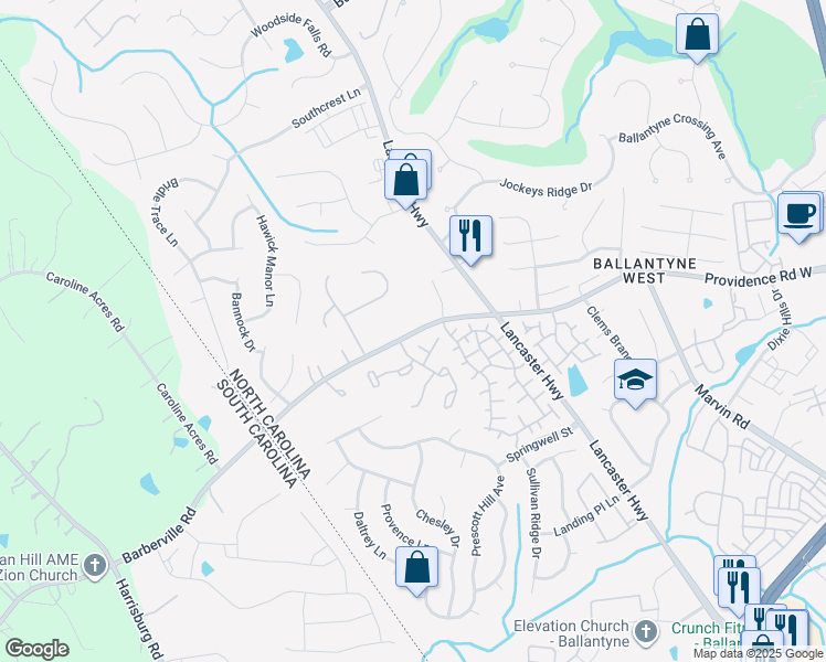 map of restaurants, bars, coffee shops, grocery stores, and more near 12208 State Road 3626 in Charlotte